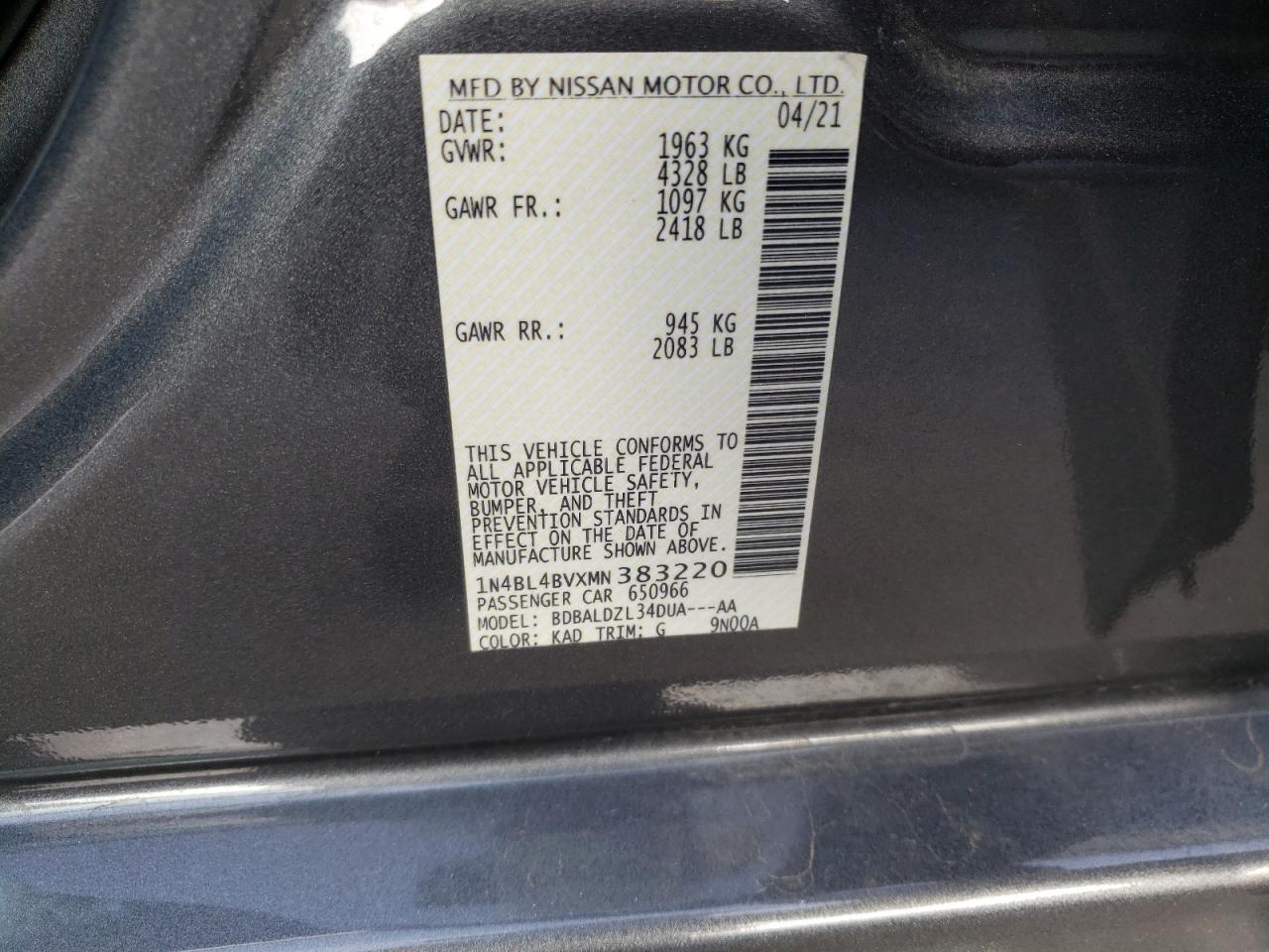 Photo 10 from auction – 2021 NISSAN ALTIMA S with VIN 1N4BL4BVXMN383220