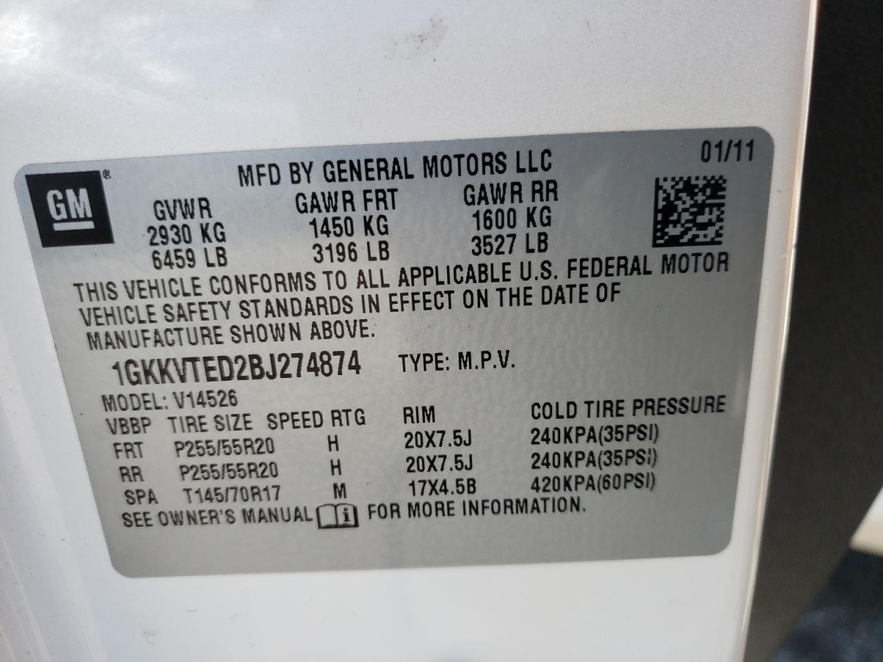 Photo 11 from auction – 2011 GMC ACADIA DEN with VIN 1GKKVTED2BJ274874