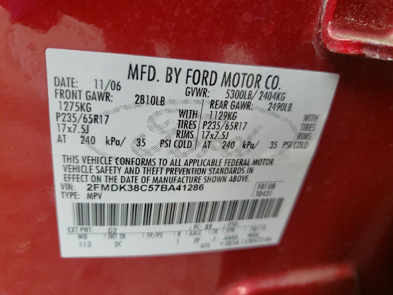 Photo 10 from auction – 2007 FORD EDGE SEL with VIN 2FMDK38C57BA41286