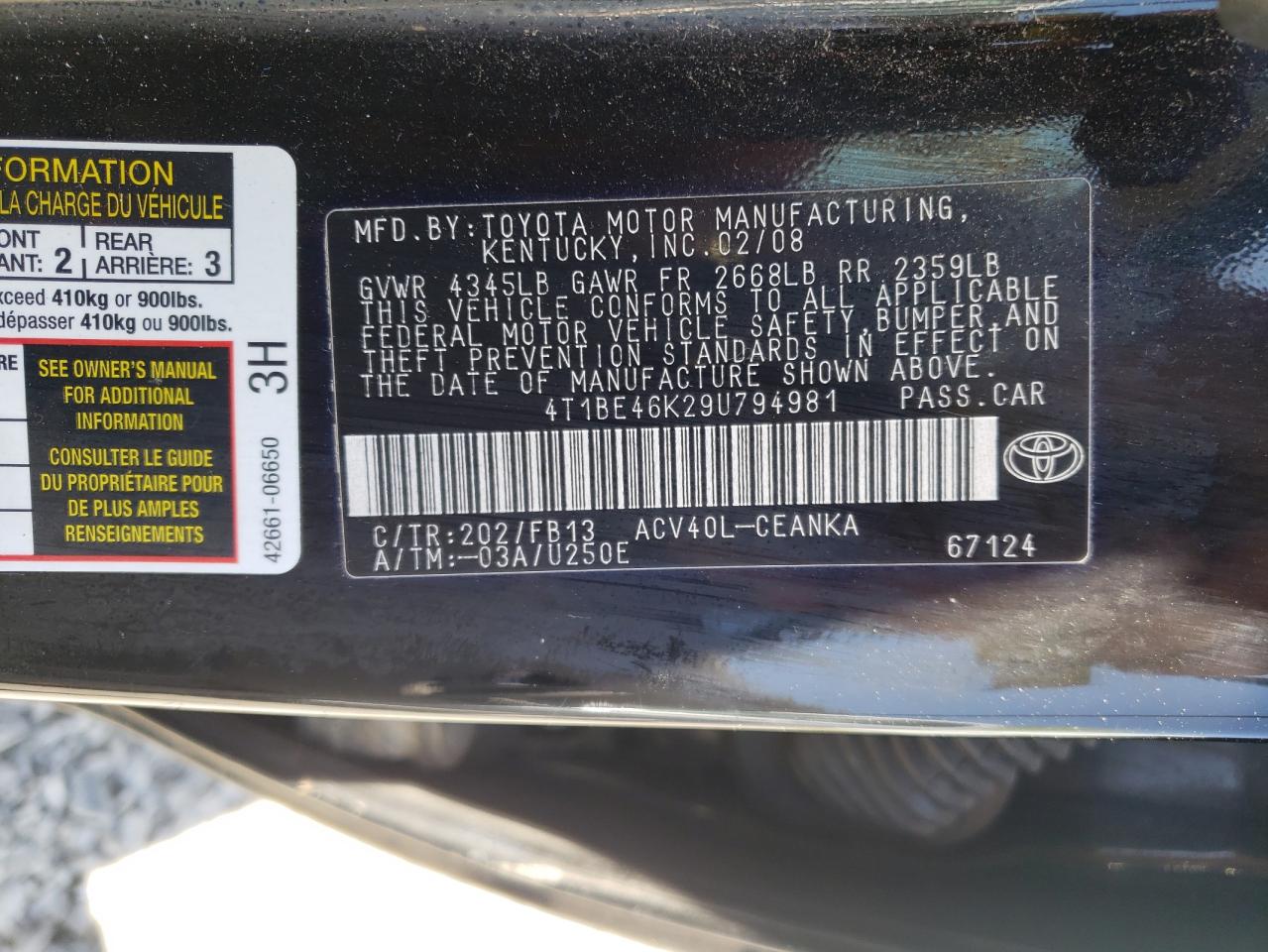 Photo 10 from auction – 2009 TOYOTA CAMRY BASE with VIN 4T1BE46K29U794981