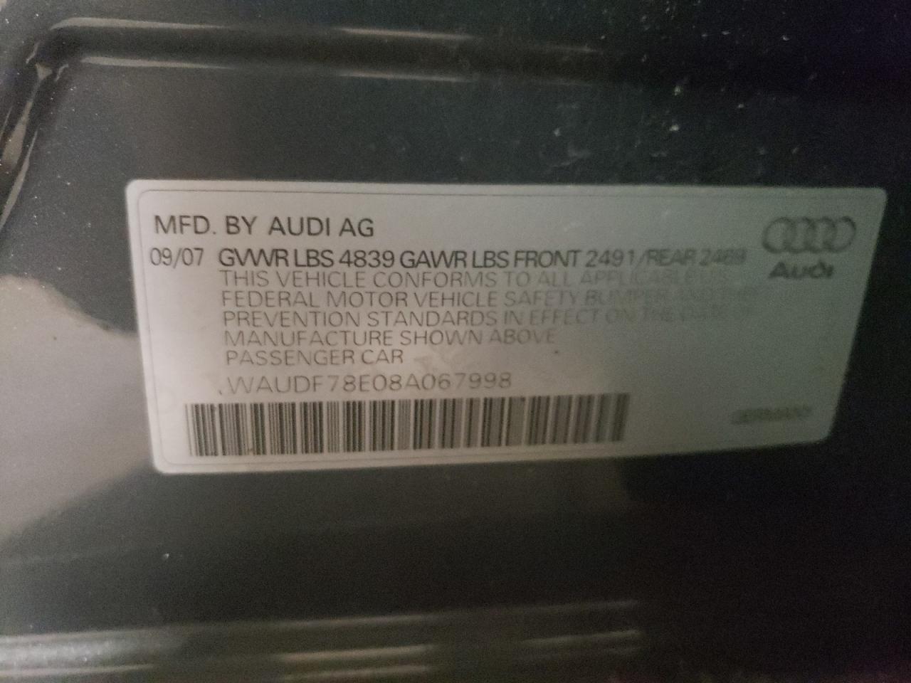Foto 11 de la subasta – 2008 AUDI A4 2.0T QU con VIN WAUDF78E08A067998
