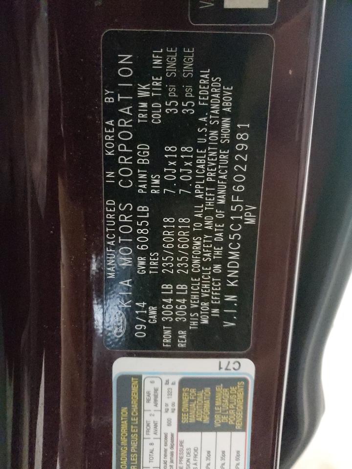 Photo 10 from auction – 2015 KIA SEDONA EX with VIN KNDMC5C15F6022981