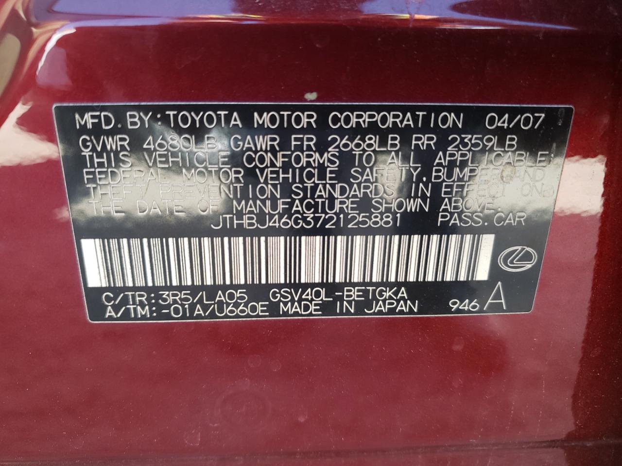 Photo 10 from auction – 2007 LEXUS ES 350 with VIN JTHBJ46G372125881