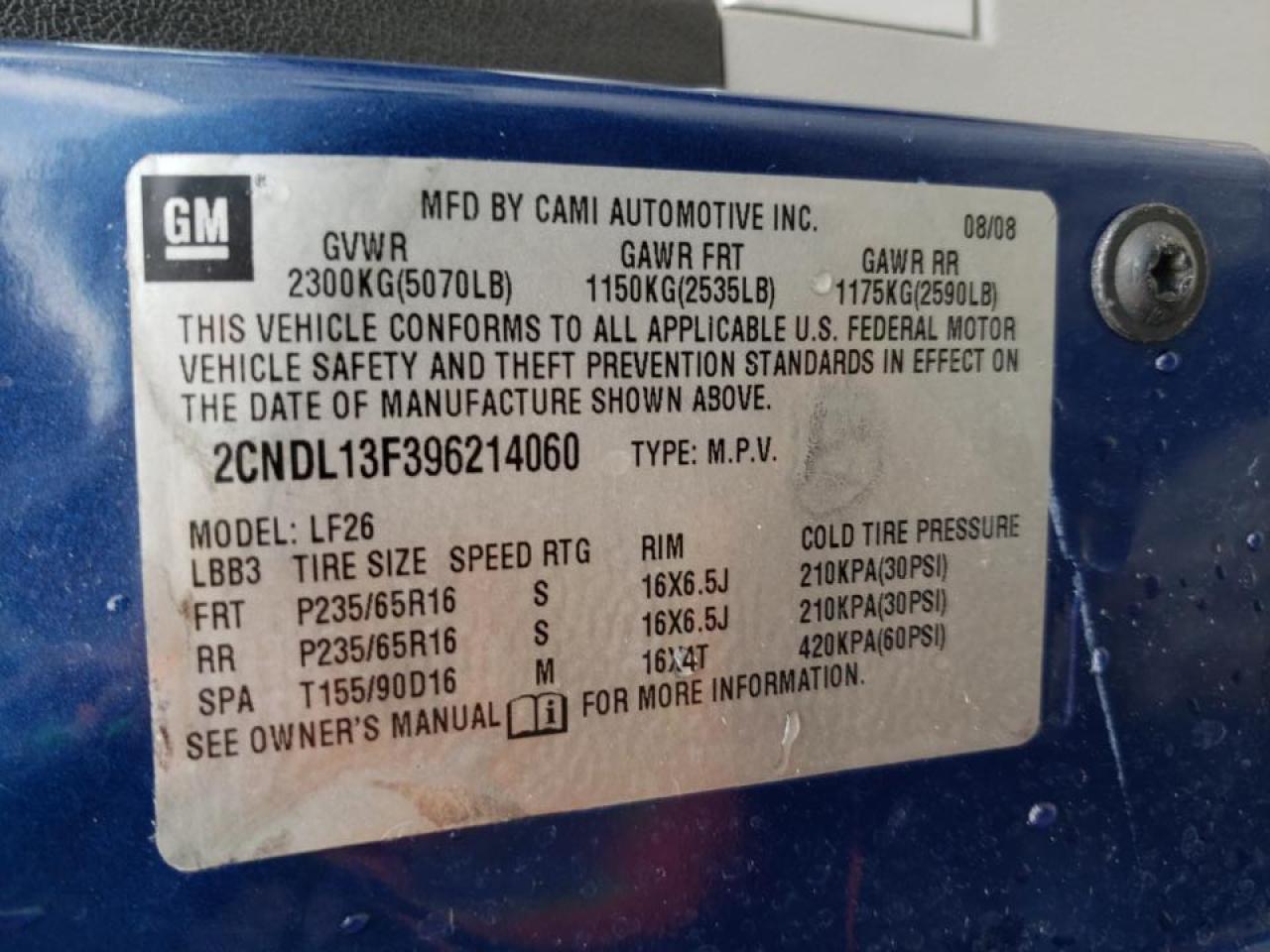 Photo 10 from auction – 2009 CHEVROLET EQUINOX LS with VIN 2CNDL13F396214060