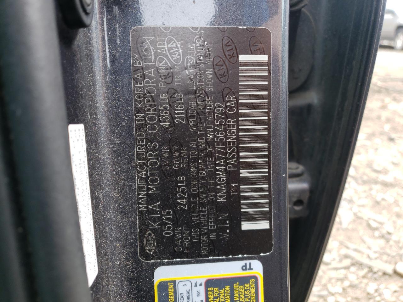 Photo 10 from auction – 2015 KIA OPTIMA LX with VIN KNAGM4A77F5645792
