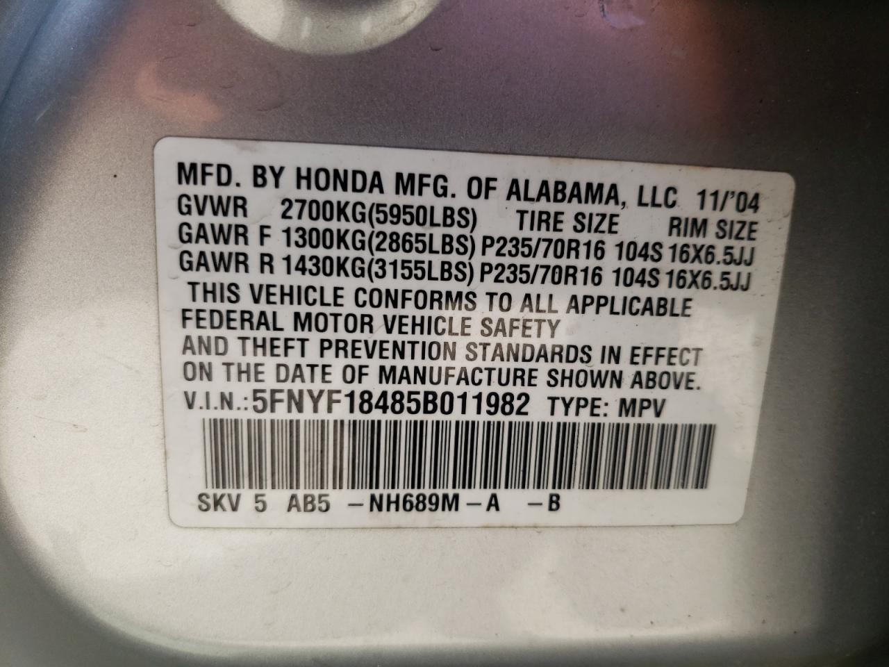 Photo 10 from auction – 2005 HONDA PILOT with VIN 5FNYF18485B011982