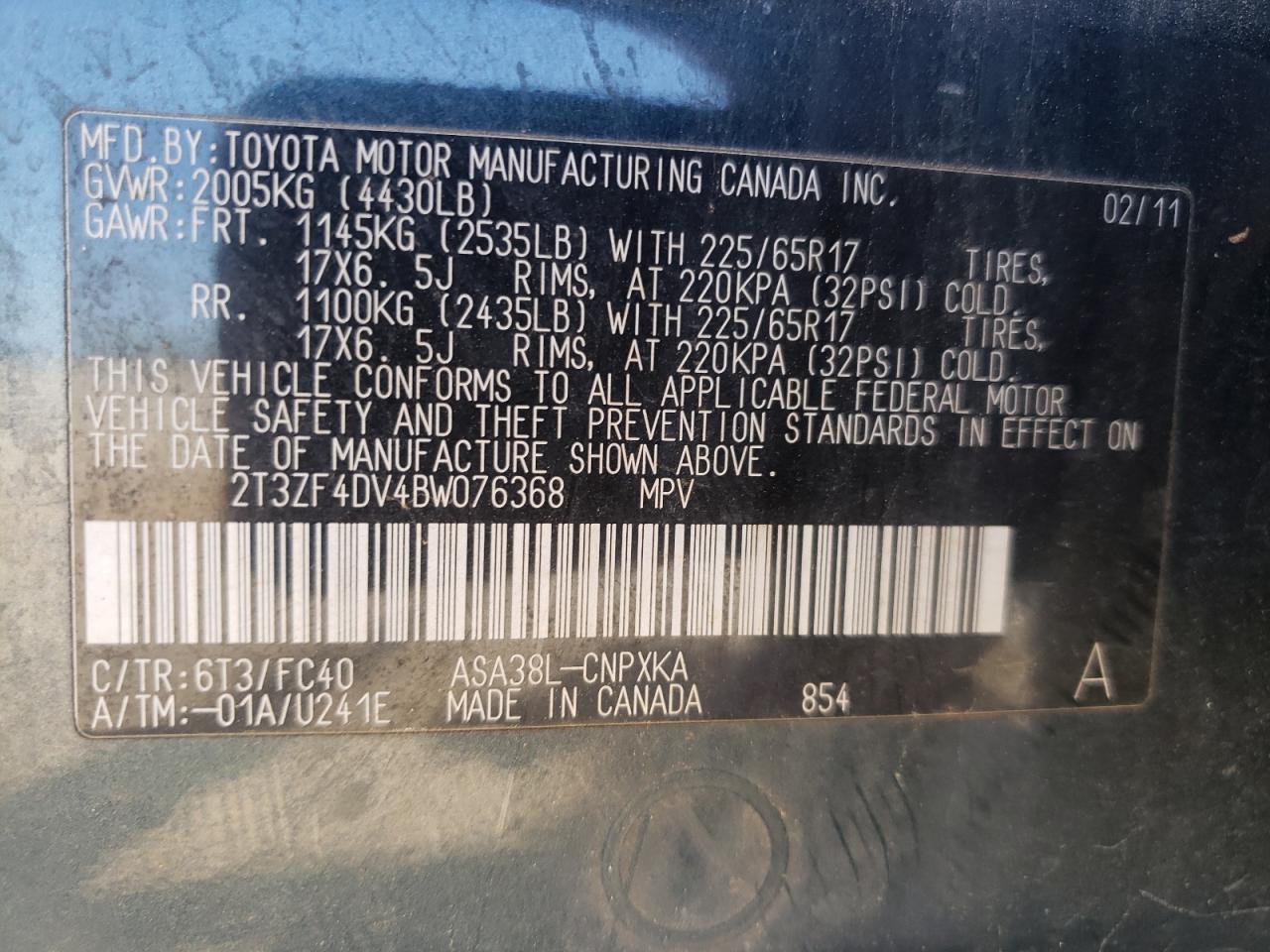 Photo 10 from auction – 2011 TOYOTA RAV4 with VIN 2T3ZF4DV4BW076368