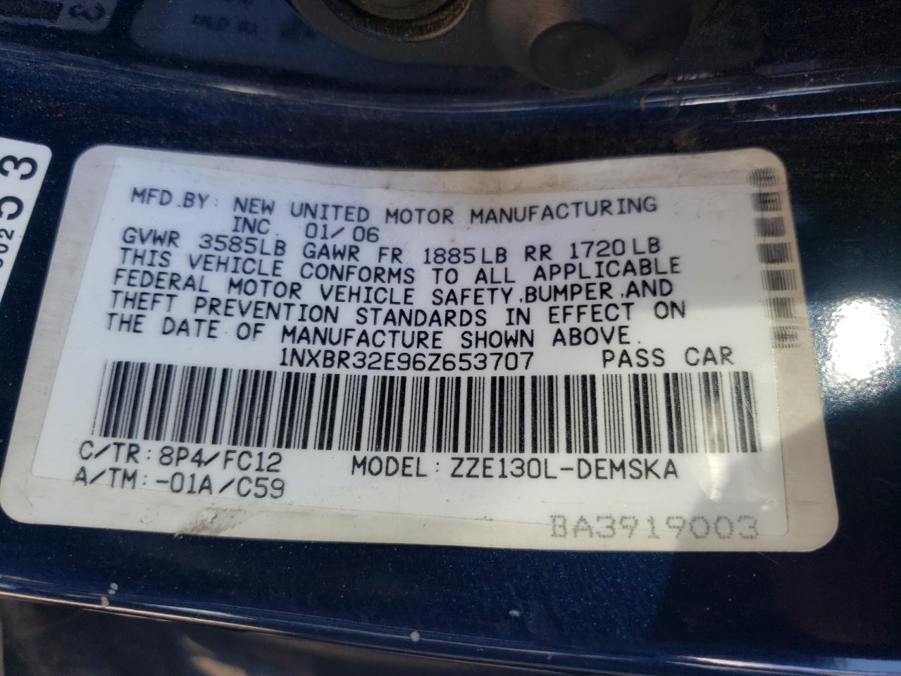 Photo 10 from auction – 2006 TOYOTA COROLLA CE with VIN 1NXBR32E96Z653707