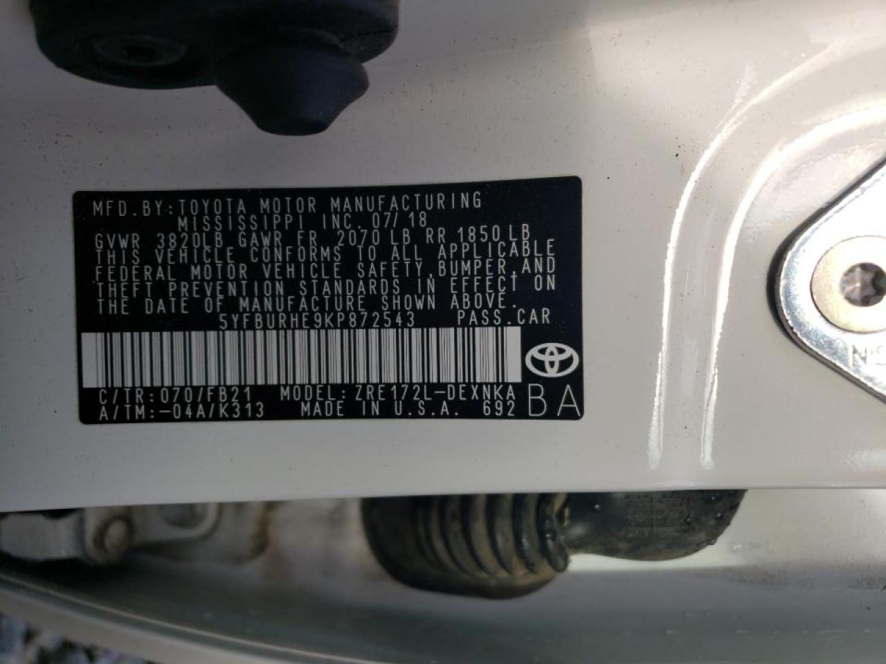 Photo 10 from auction – 2019 TOYOTA COROLLA L with VIN 5YFBURHE9KP872543