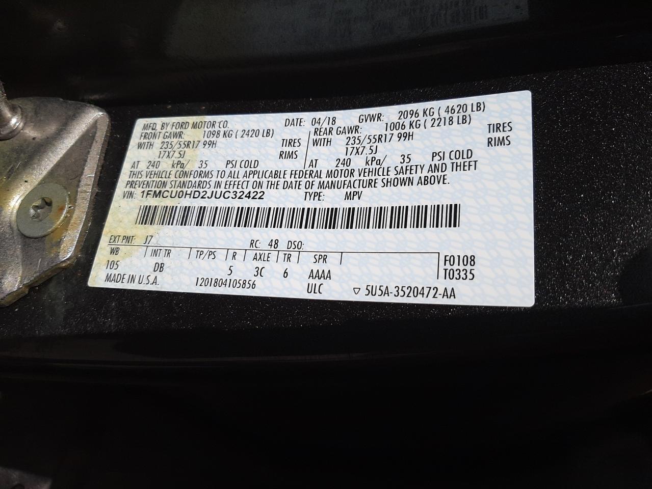 Photo 10 from auction – 2018 FORD ESCAPE SEL with VIN 1FMCU0HD2JUC32422