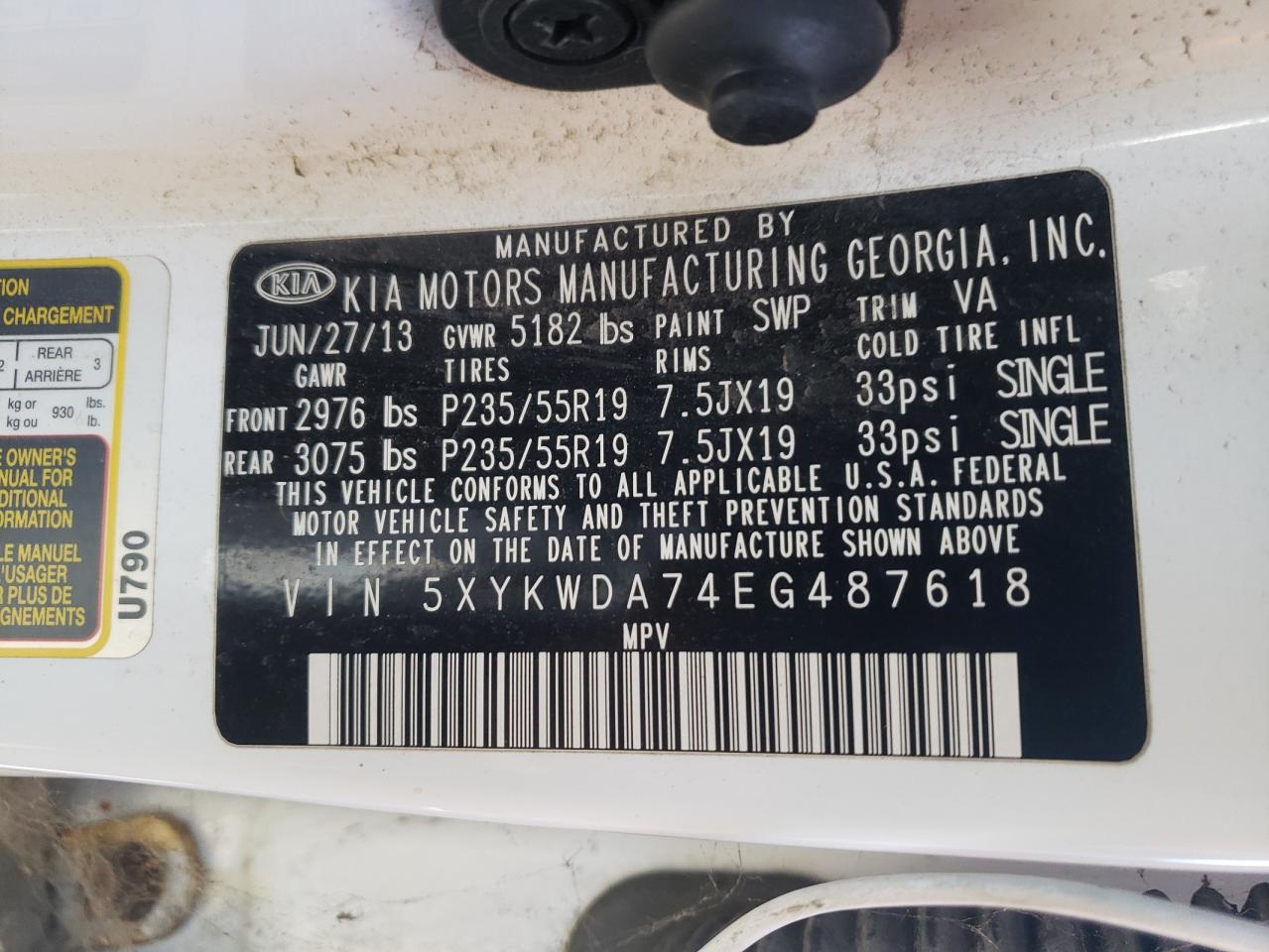 Photo 10 from auction – 2014 KIA SORENTO SX with VIN 5XYKWDA74EG487618