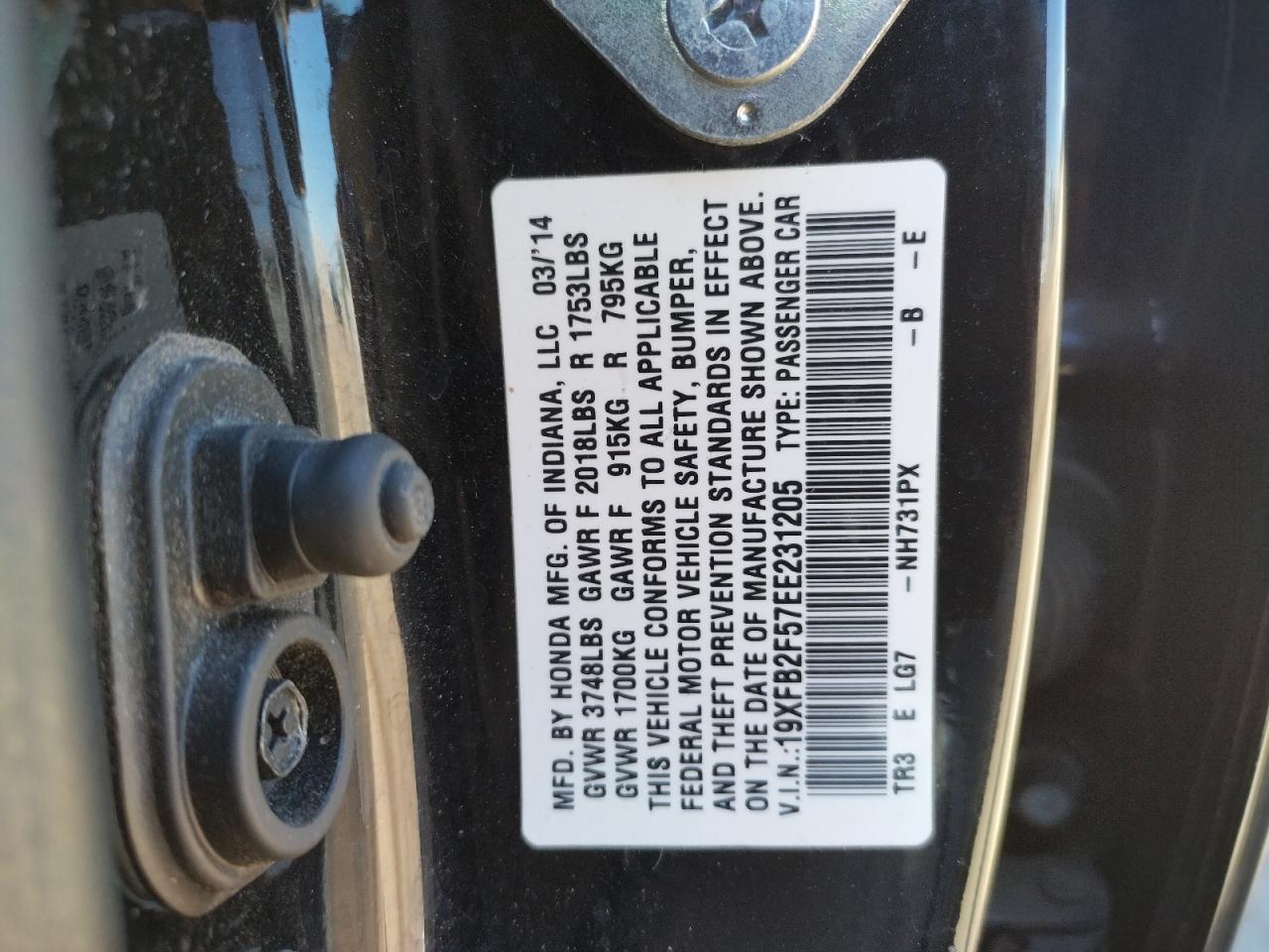 Photo 10 from auction – 2014 HONDA CIVIC LX with VIN 19XFB2F57EE231205