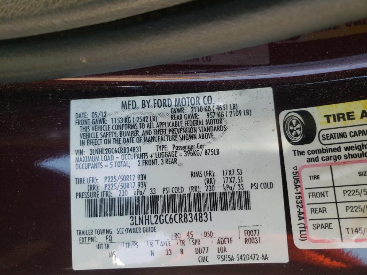 Photo 10 from auction – 2012 LINCOLN MKZ with VIN 3LNHL2GC6CR834831