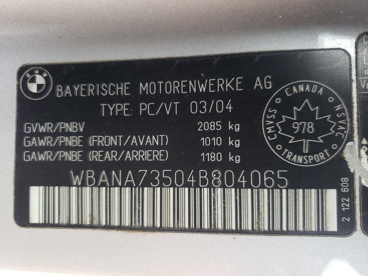 Photo 10 from auction – 2004 BMW 530 I with VIN WBANA73504B804065