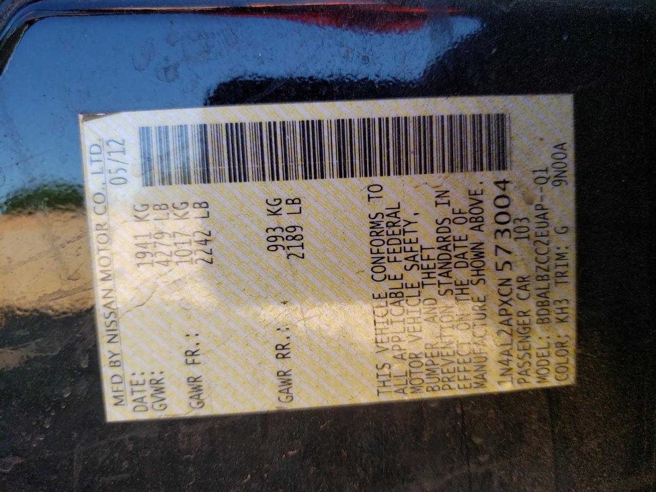 Photo 10 from auction – 2012 NISSAN ALTIMA BAS with VIN 1N4AL2APXCN573004