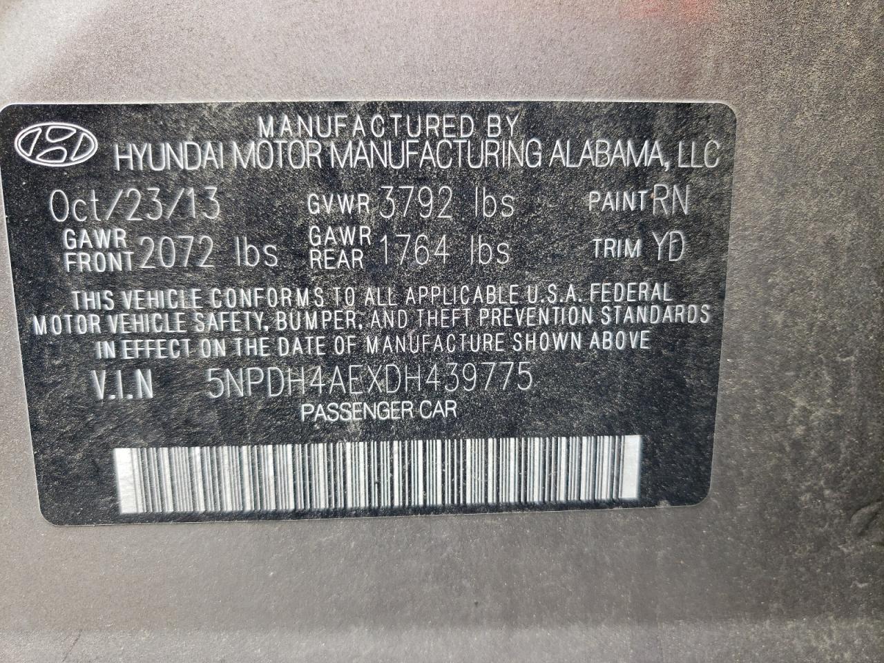 Photo 10 from auction – 2013 HYUNDAI ELANTRA GL with VIN 5NPDH4AEXDH439775