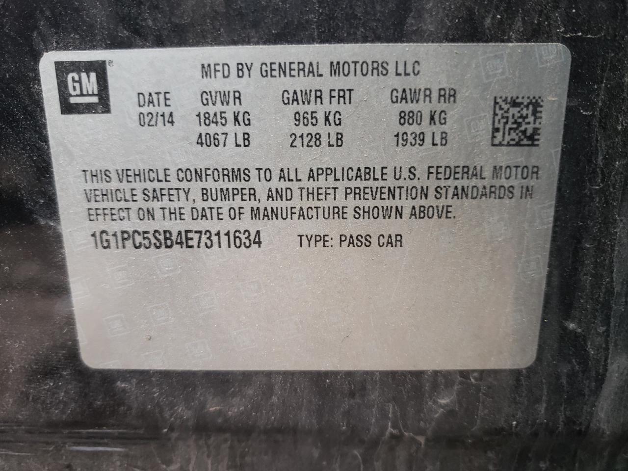 Photo 10 from auction – 2014 CHEVROLET CRUZE LT with VIN 1G1PC5SB4E7311634