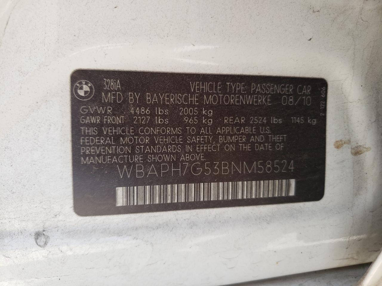 Photo 10 from auction – 2011 BMW 328 I with VIN WBAPH7G53BNM58524