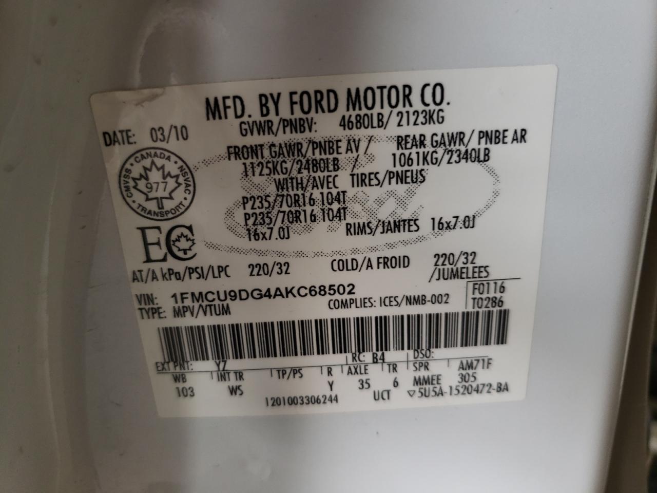 Photo 10 from auction – 2010 FORD ESCAPE XLT with VIN 1FMCU9DG4AKC68502