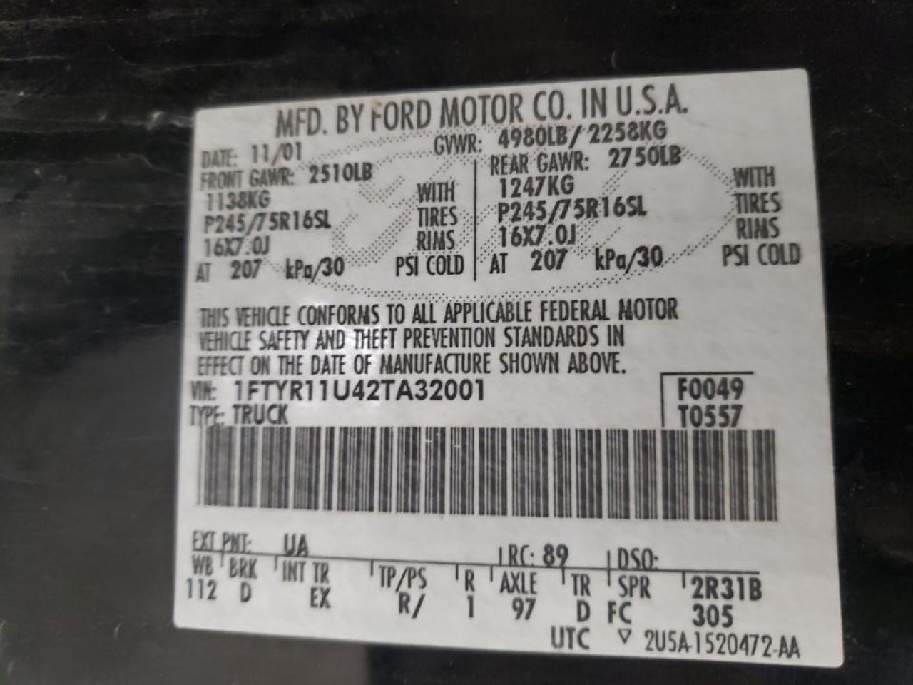 Photo 10 from auction – 2002 FORD RANGER with VIN 1FTYR11U42TA32001