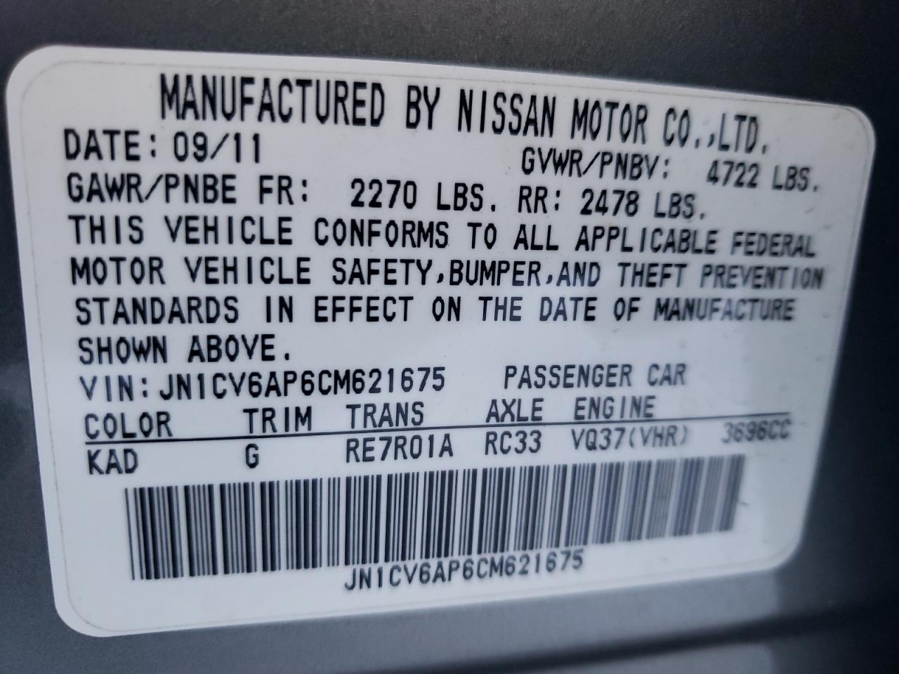 Photo 10 from auction – 2012 INFINITI G37 BASE with VIN JN1CV6AP6CM621675