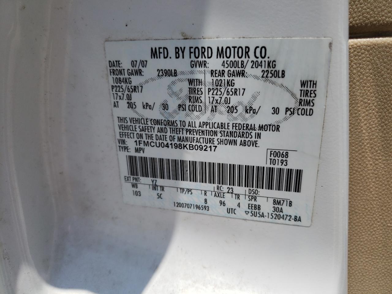 Photo 10 from auction – 2008 FORD ESCAPE LIM with VIN 1FMCU04198KB09217