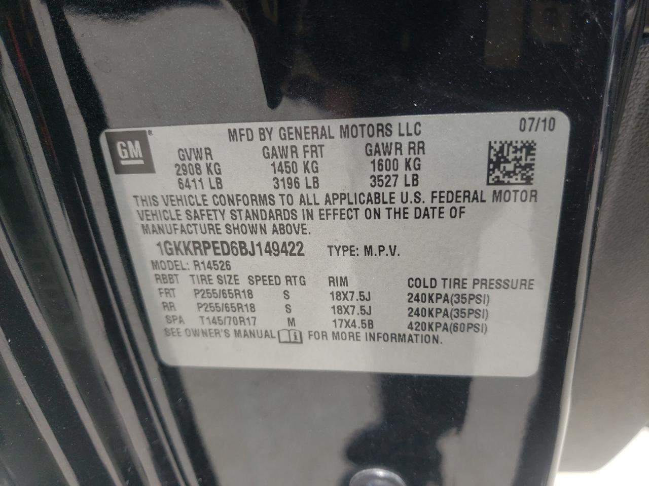 Photo 10 from auction – 2011 GMC ACADIA SLE with VIN 1GKKRPED6BJ149422