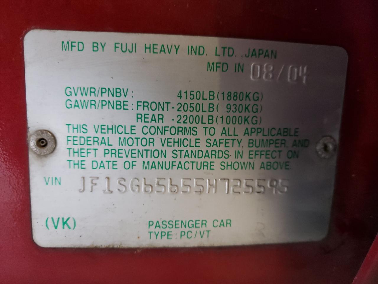 Photo 10 from auction – 2005 SUBARU FORESTER 2 with VIN JF1SG65655H725595