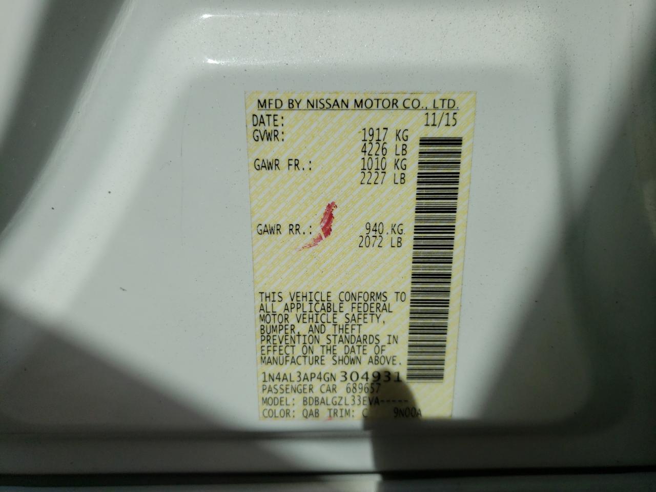 Photo 11 from auction – 2016 NISSAN ALTIMA 2.5 with VIN 1N4AL3AP4GN304931