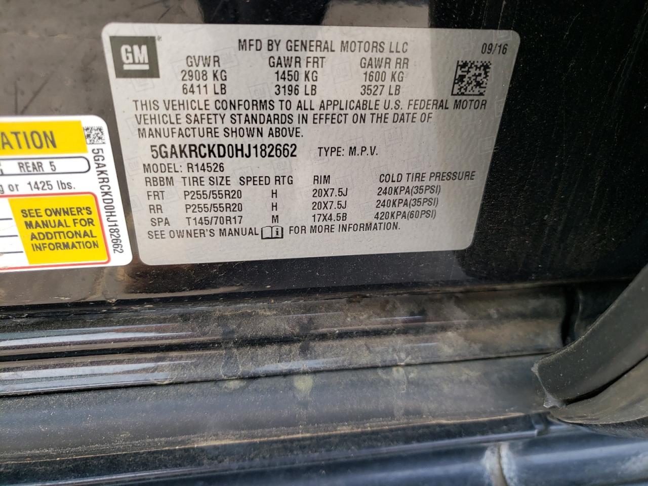 Photo 10 from auction – 2017 BUICK ENCLAVE with VIN 5GAKRCKD0HJ182662