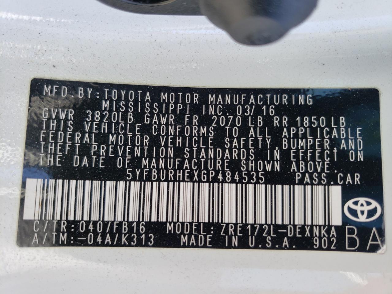 Photo 10 from auction – 2016 TOYOTA COROLLA L with VIN 5YFBURHEXGP484535
