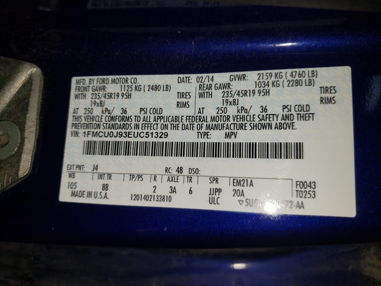 Photo 10 from auction – 2014 FORD ESCAPE TIT with VIN 1FMCU0J93EUC51329