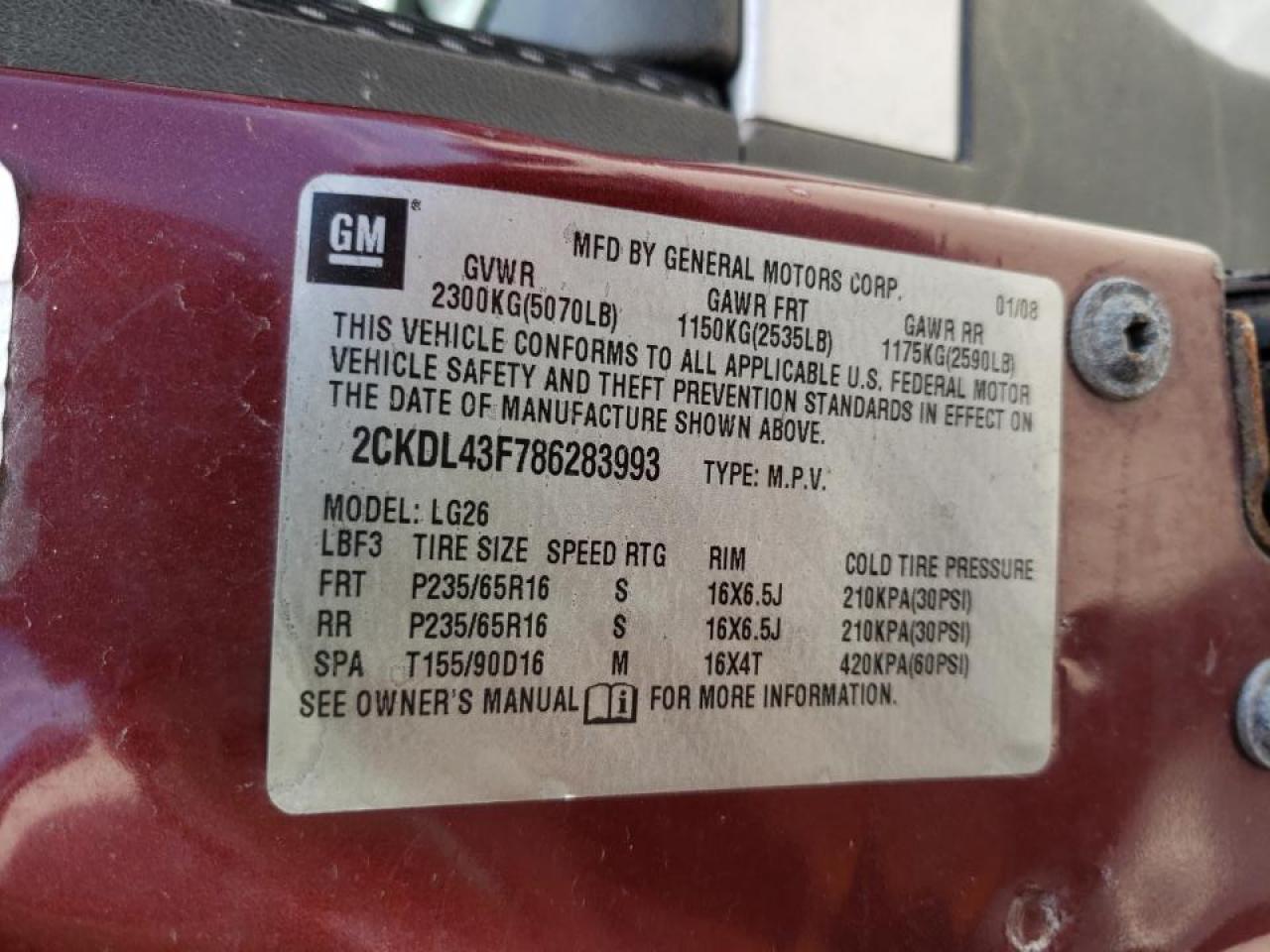 Photo 10 from auction – 2008 PONTIAC TORRENT with VIN 2CKDL43F786283993