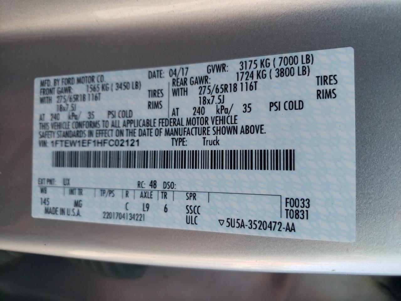 Photo 10 from auction – 2017 FORD F150 SUPER with VIN 1FTEW1EF1HFC02121