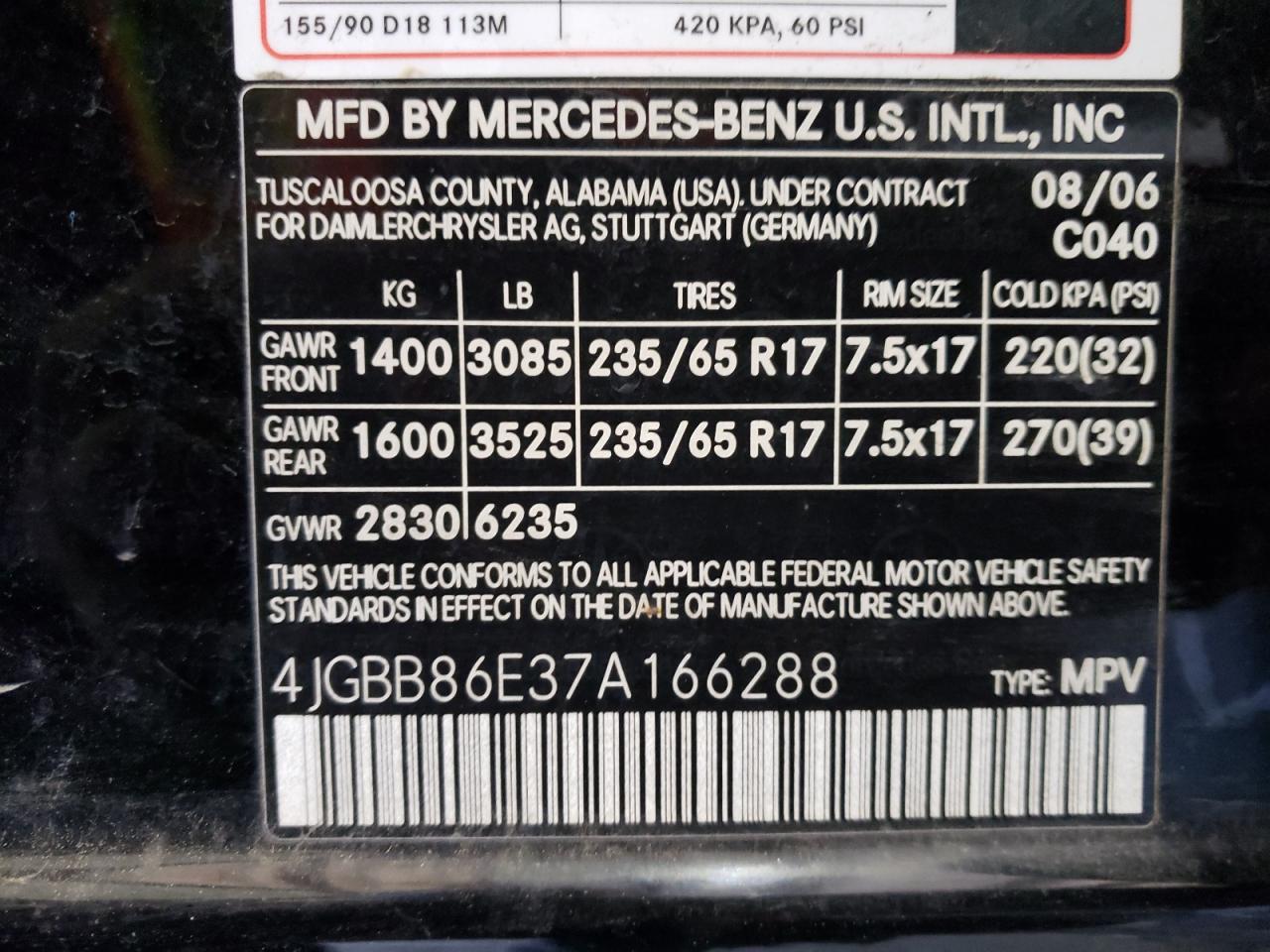 Photo 10 from auction – 2007 MERCEDES-BENZ ML 350 with VIN 4JGBB86E37A166288