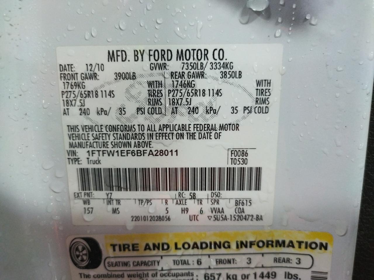 Photo 10 from auction – 2011 FORD F150 SUPER with VIN 1FTFW1EF6BFA28011