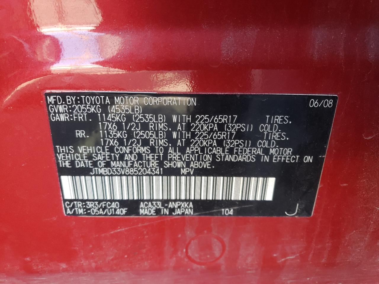 Photo 10 from auction – 2008 TOYOTA RAV4 with VIN JTMBD33V885204341