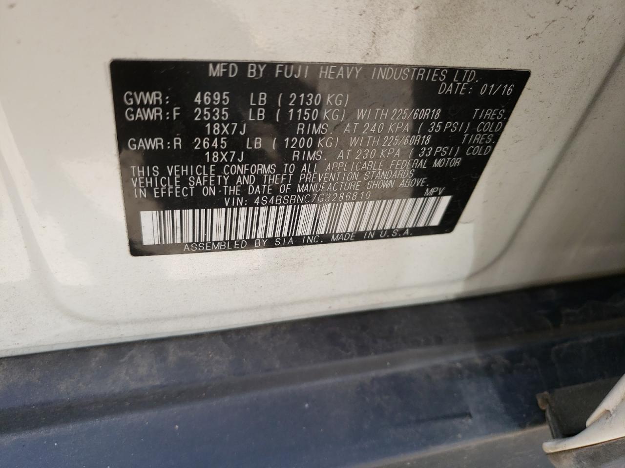 Photo 11 from auction – 2016 SUBARU OUTBACK 2. with VIN 4S4BSBNC7G3286810