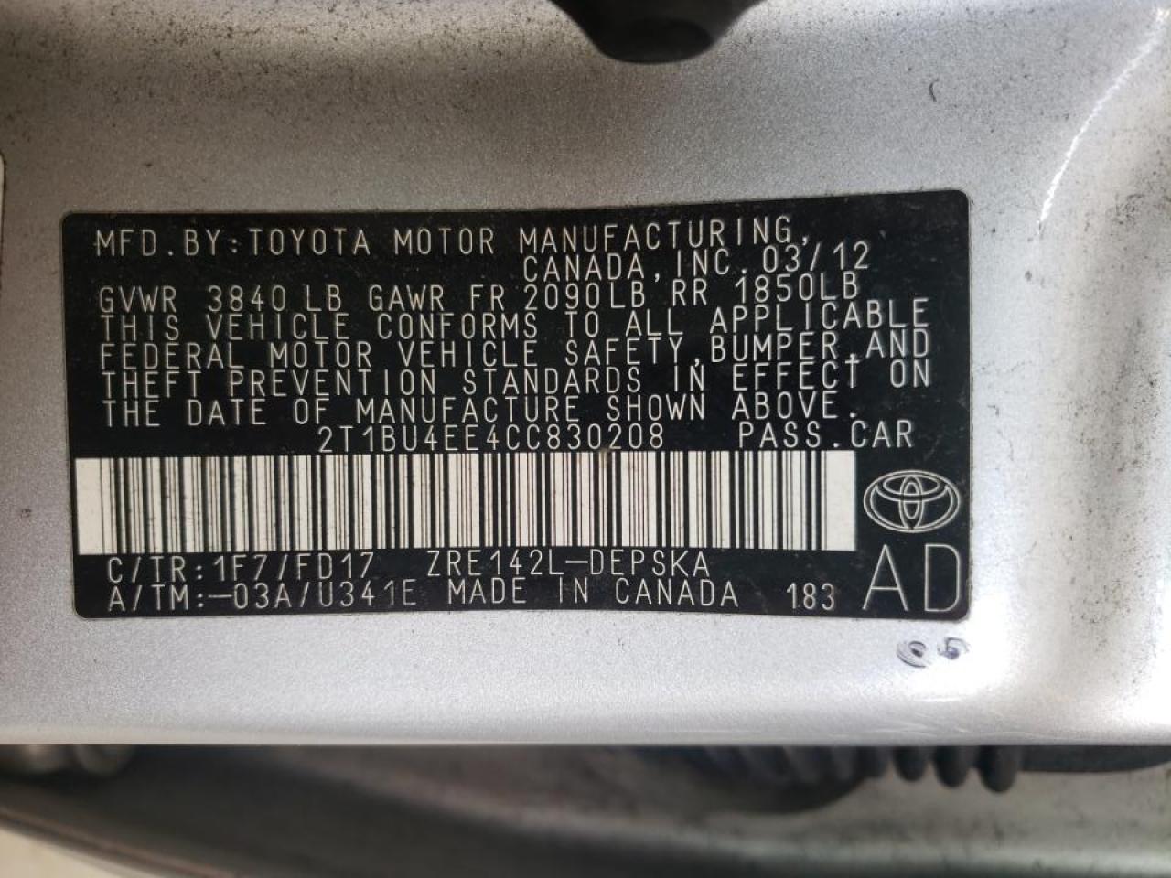 Photo 10 from auction – 2012 TOYOTA COROLLA with VIN 2T1BU4EE4CC830208