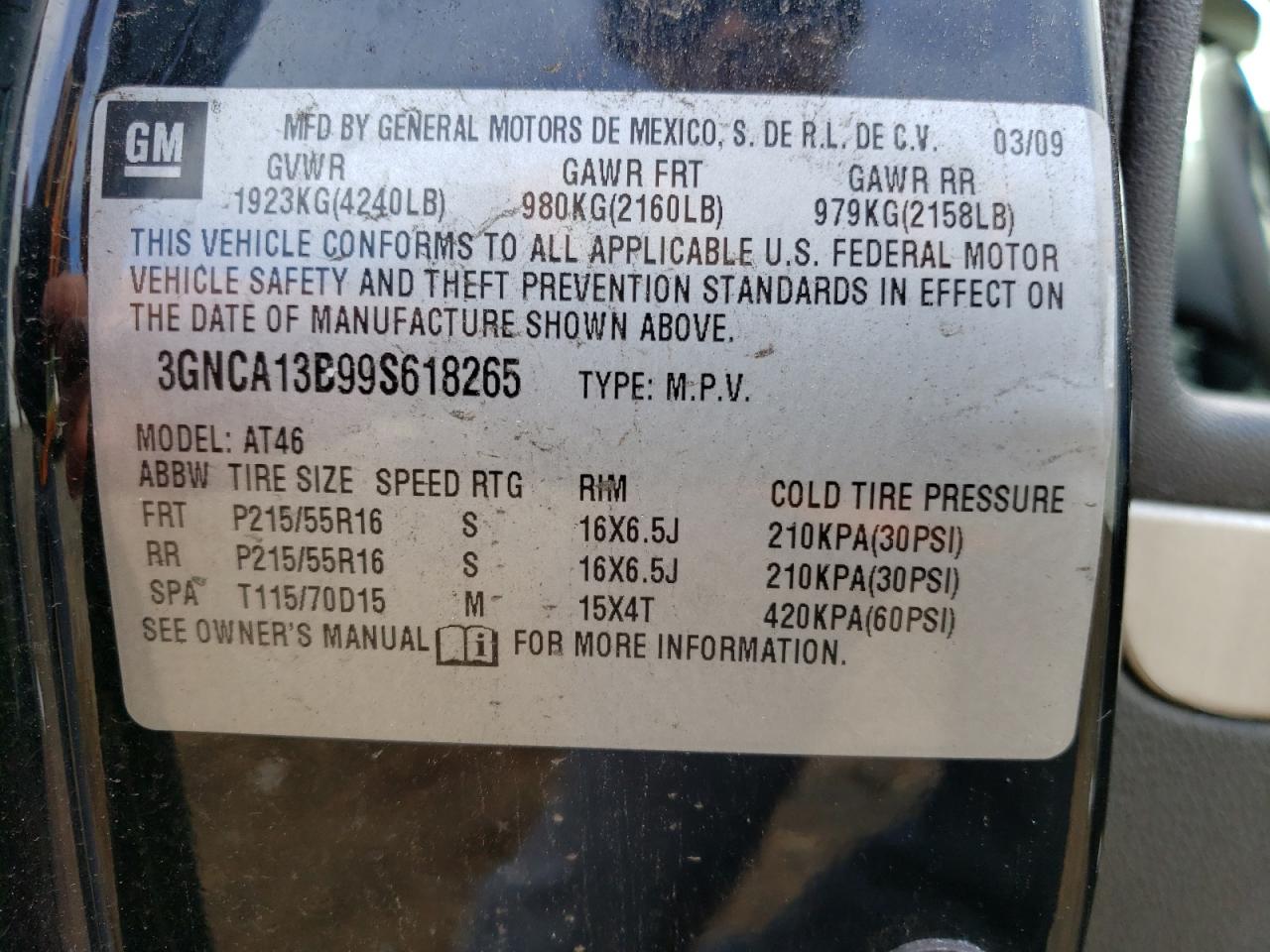 Photo 10 from auction – 2009 CHEVROLET HHR LS with VIN 3GNCA13B99S618265