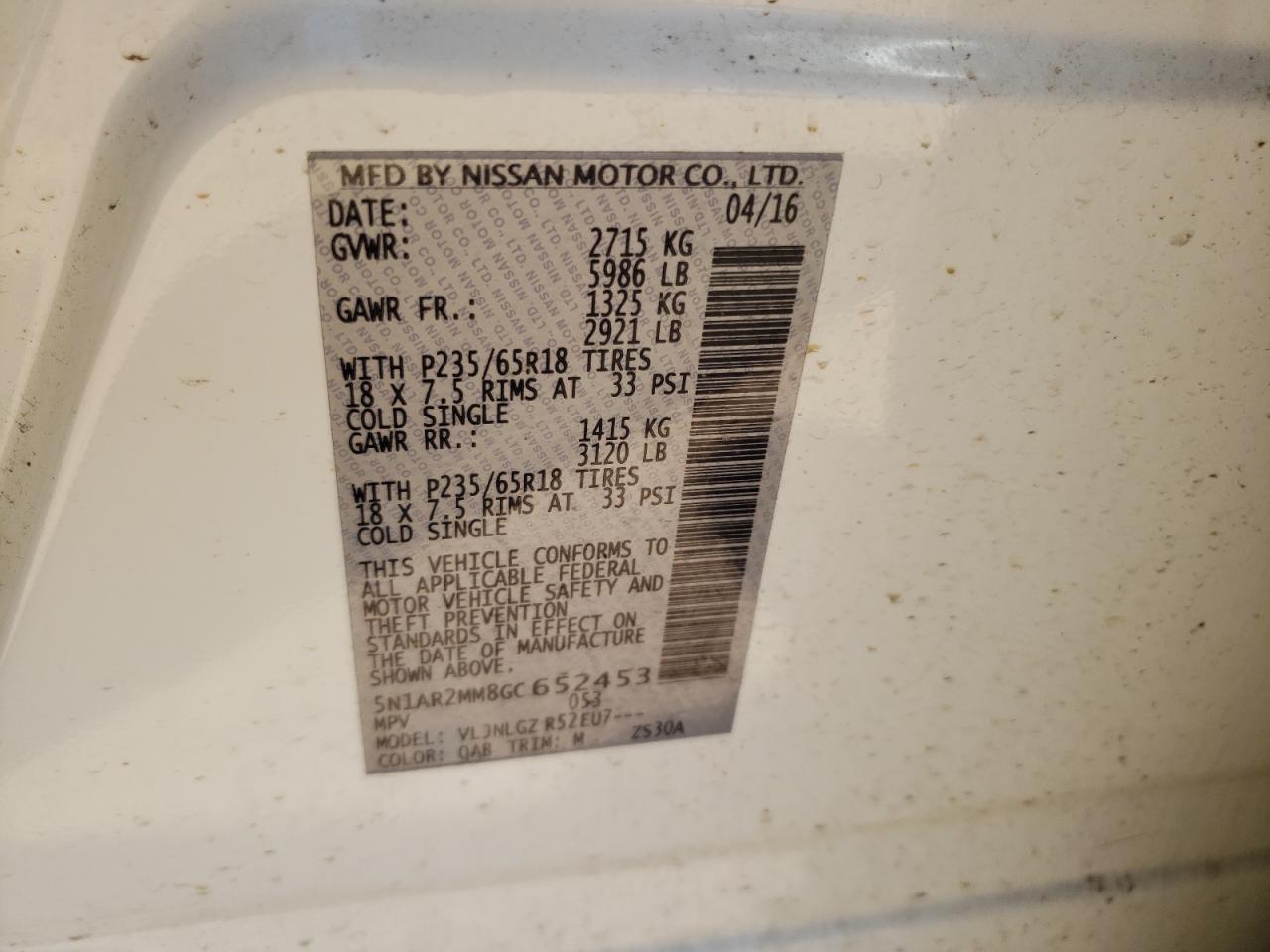 Photo 10 from auction – 2016 NISSAN PATHFINDER with VIN 5N1AR2MM8GC652453
