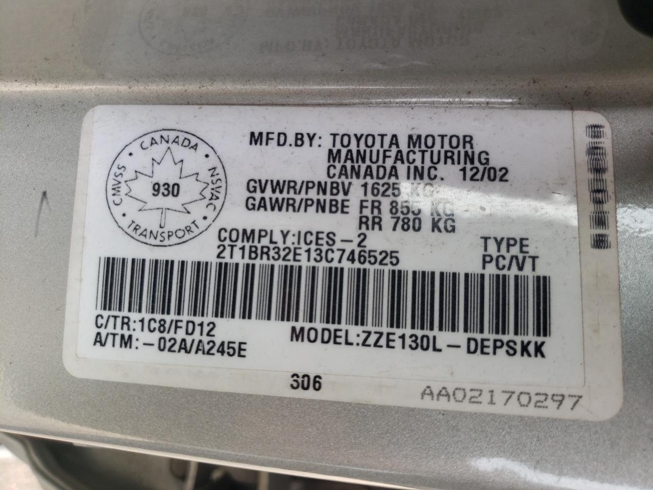 Photo 10 from auction – 2003 TOYOTA COROLLA CE with VIN 2T1BR32E13C746525