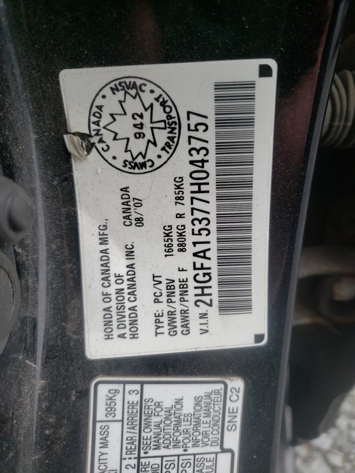 Photo 10 from auction – 2007 HONDA CIVIC DX with VIN 2HGFA15377H043757