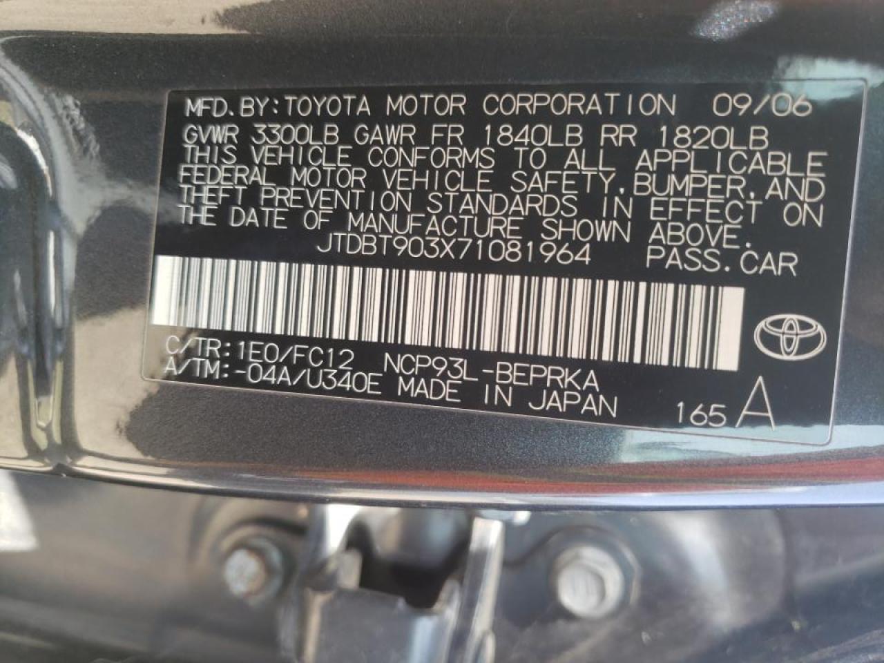 Photo 10 from auction – 2007 TOYOTA YARIS with VIN JTDBT903X71081964