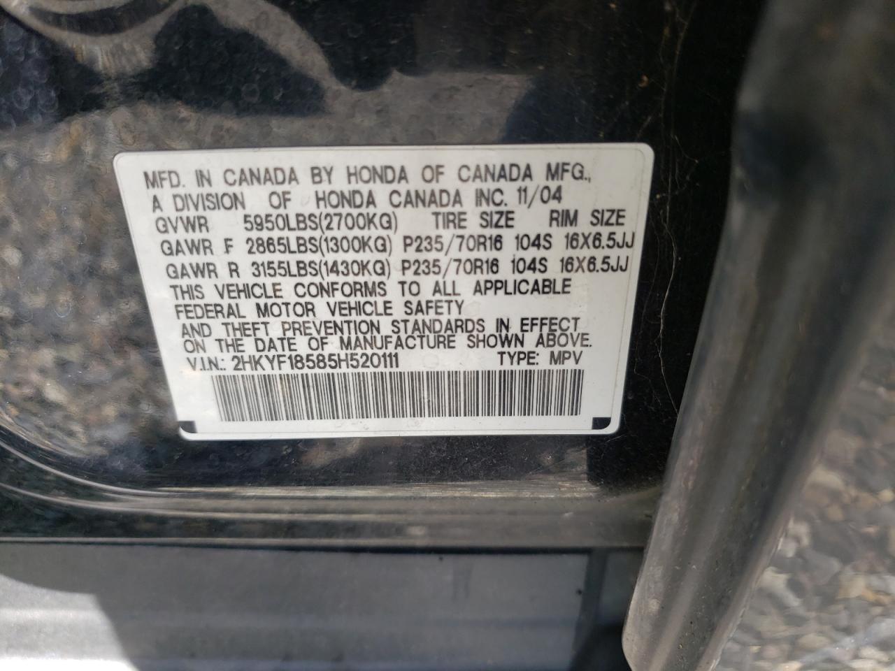 Photo 10 from auction – 2005 HONDA PILOT EXL with VIN 2HKYF18585H520111