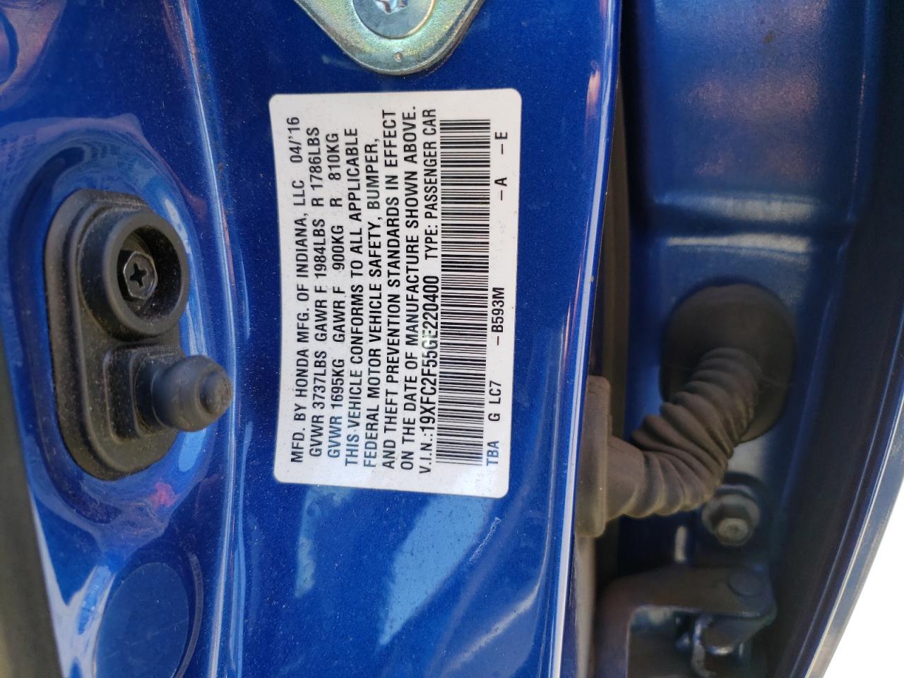 Photo 10 from auction – 2016 HONDA CIVIC LX with VIN 19XFC2F55GE220400