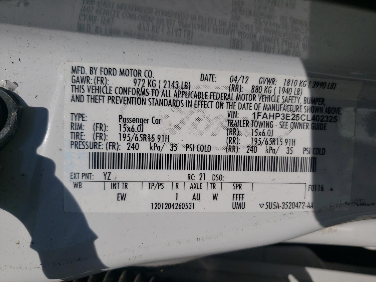 Photo 10 from auction – 2012 FORD FOCUS S with VIN 1FAHP3E25CL402325