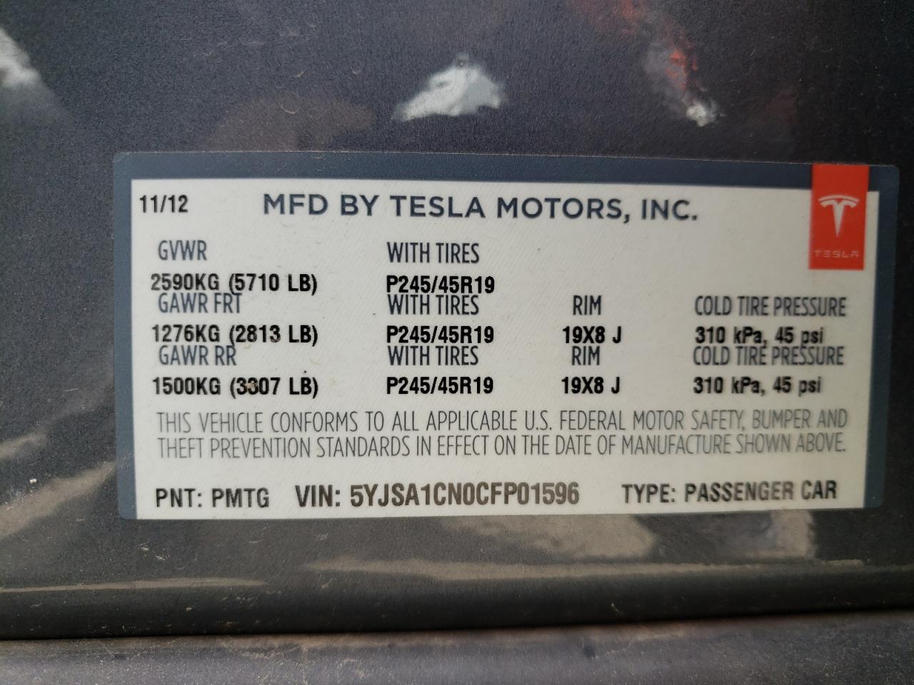 Photo 10 from auction – 2012 TESLA MODEL S with VIN 5YJSA1CN0CFP01596