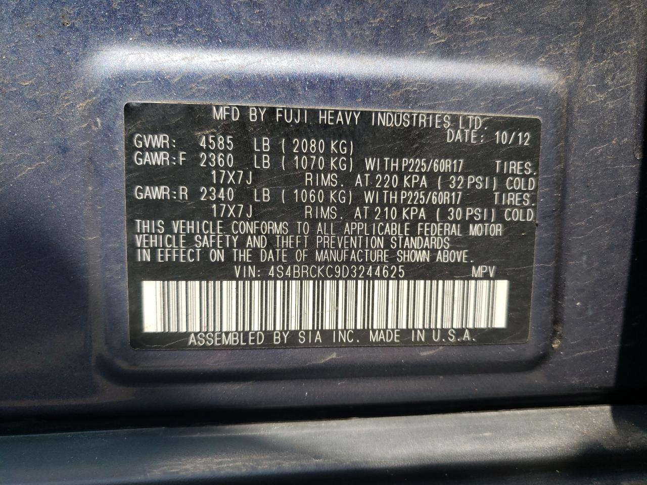 Photo 10 from auction – 2013 SUBARU OUTBACK 2. with VIN 4S4BRCKC9D3244625
