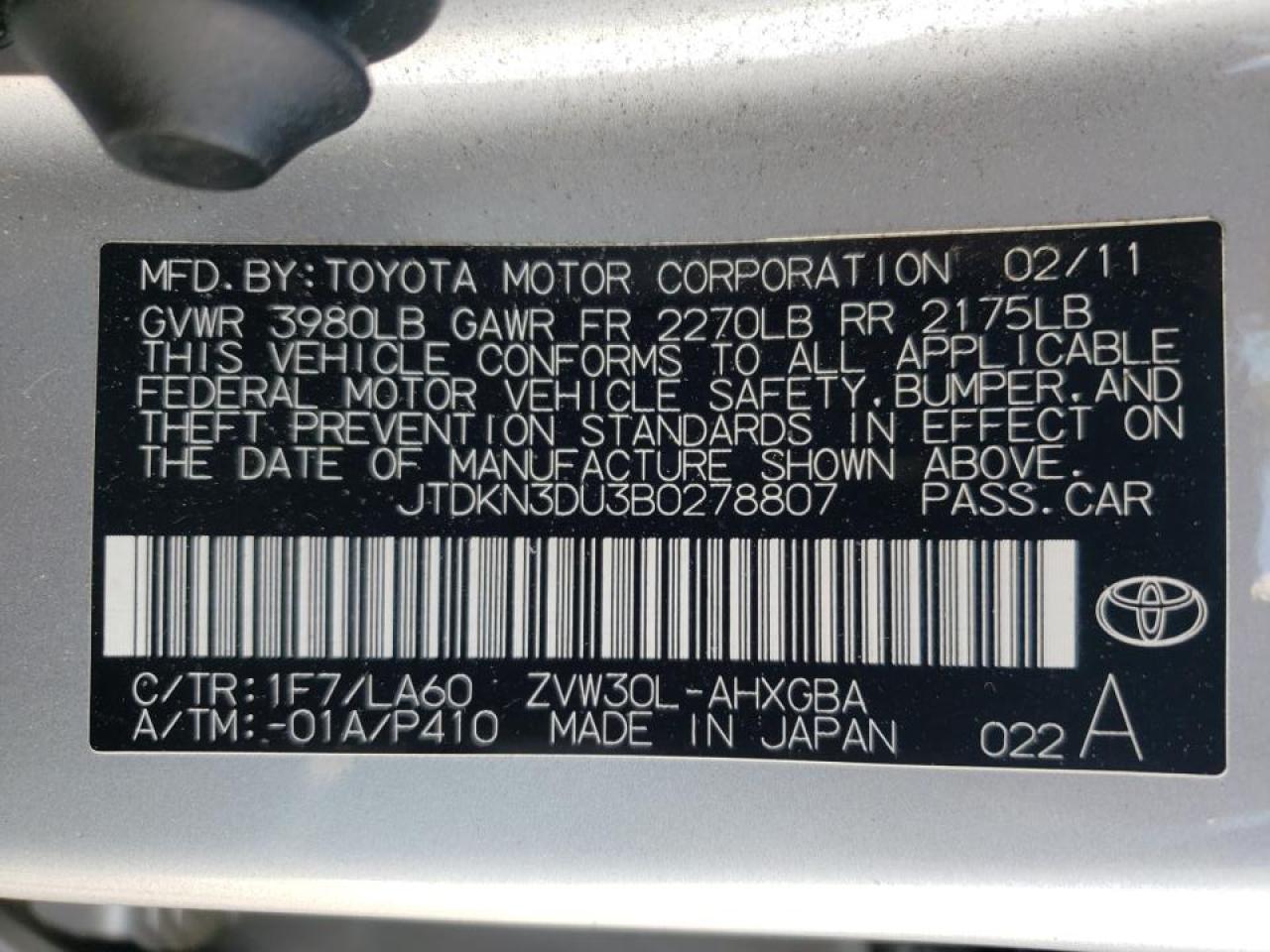 Photo 10 from auction – 2011 TOYOTA PRIUS with VIN JTDKN3DU3B0278807